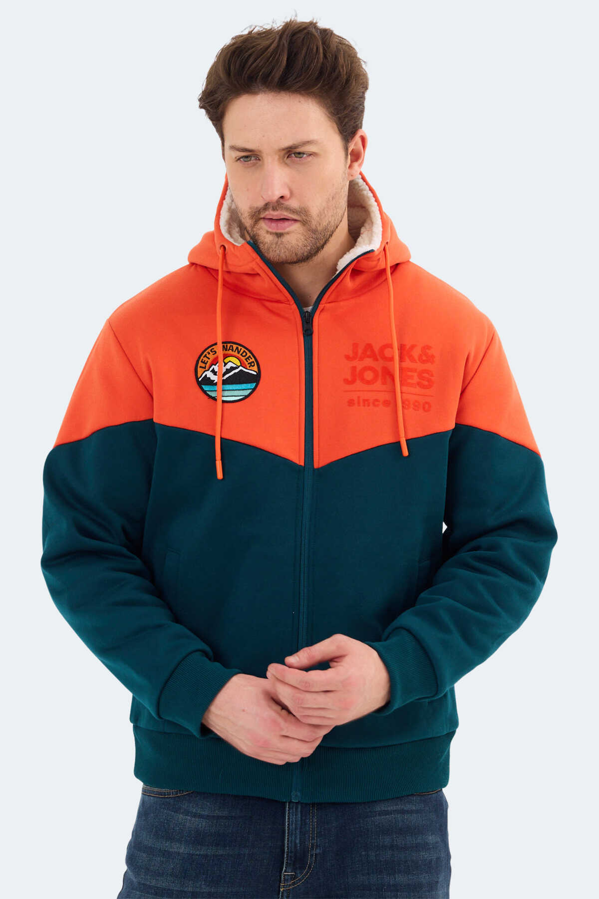 JACK & JONES Heren JJEHOLMEN Sweat Zip Hood - Navy Blazer Met Oranje Detail Regular Fit L