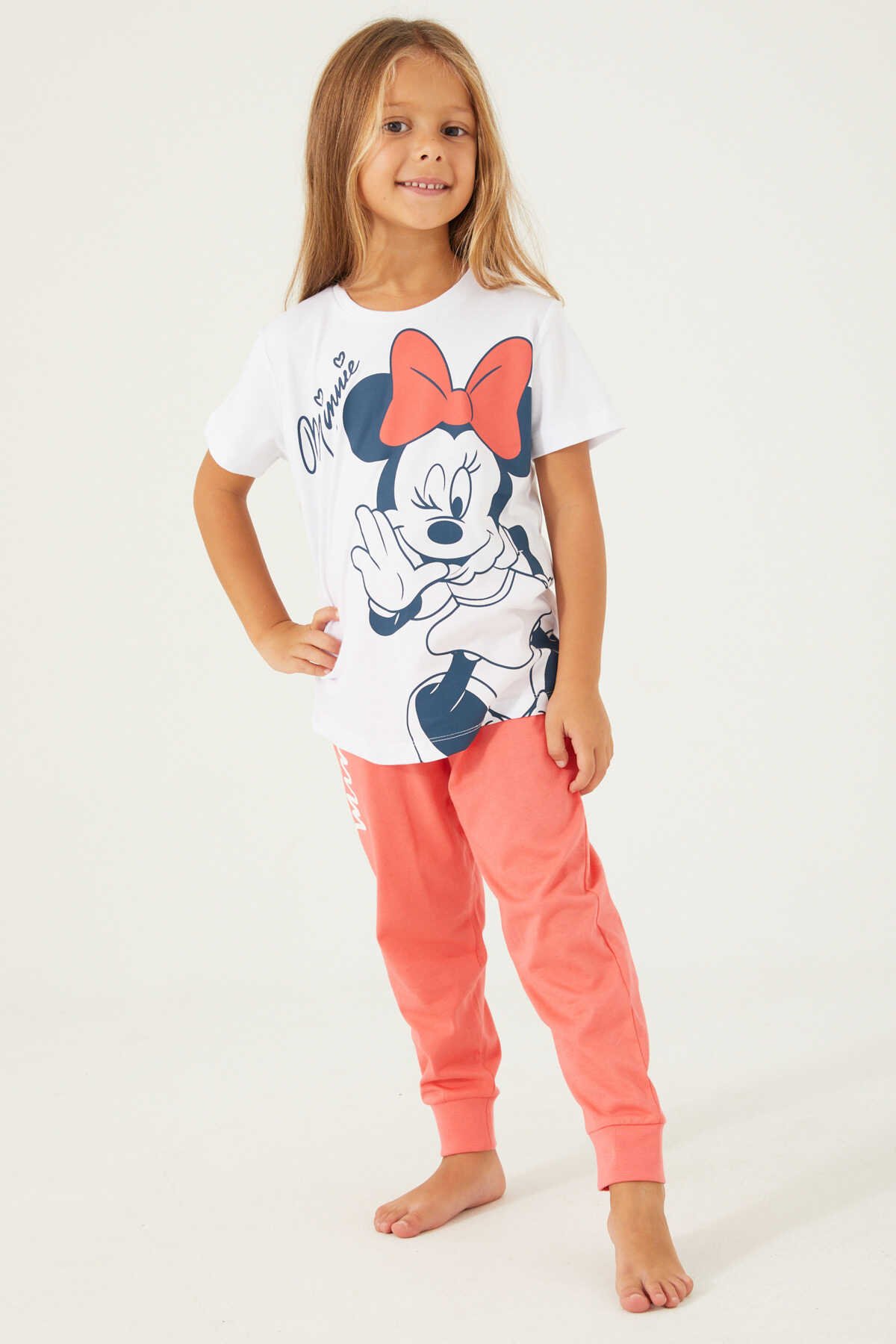 Minnie Mouse - Minnie Mouse D4781-3 Kız Çocuk Uzun Kol Pijama Takım Beyaz