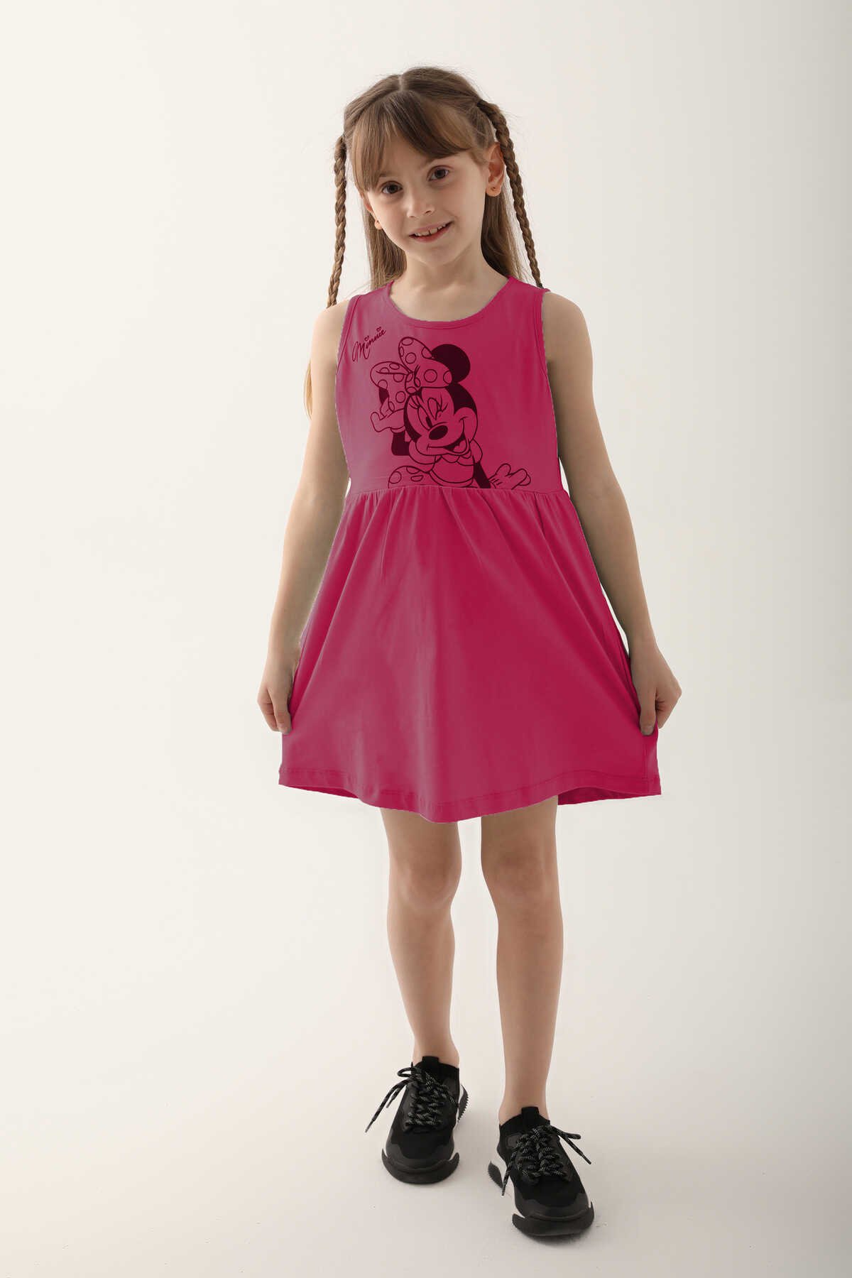 Minnie Mouse - Minnie Mouse D4860-3 Kız Çocuk Elbise Karanfil