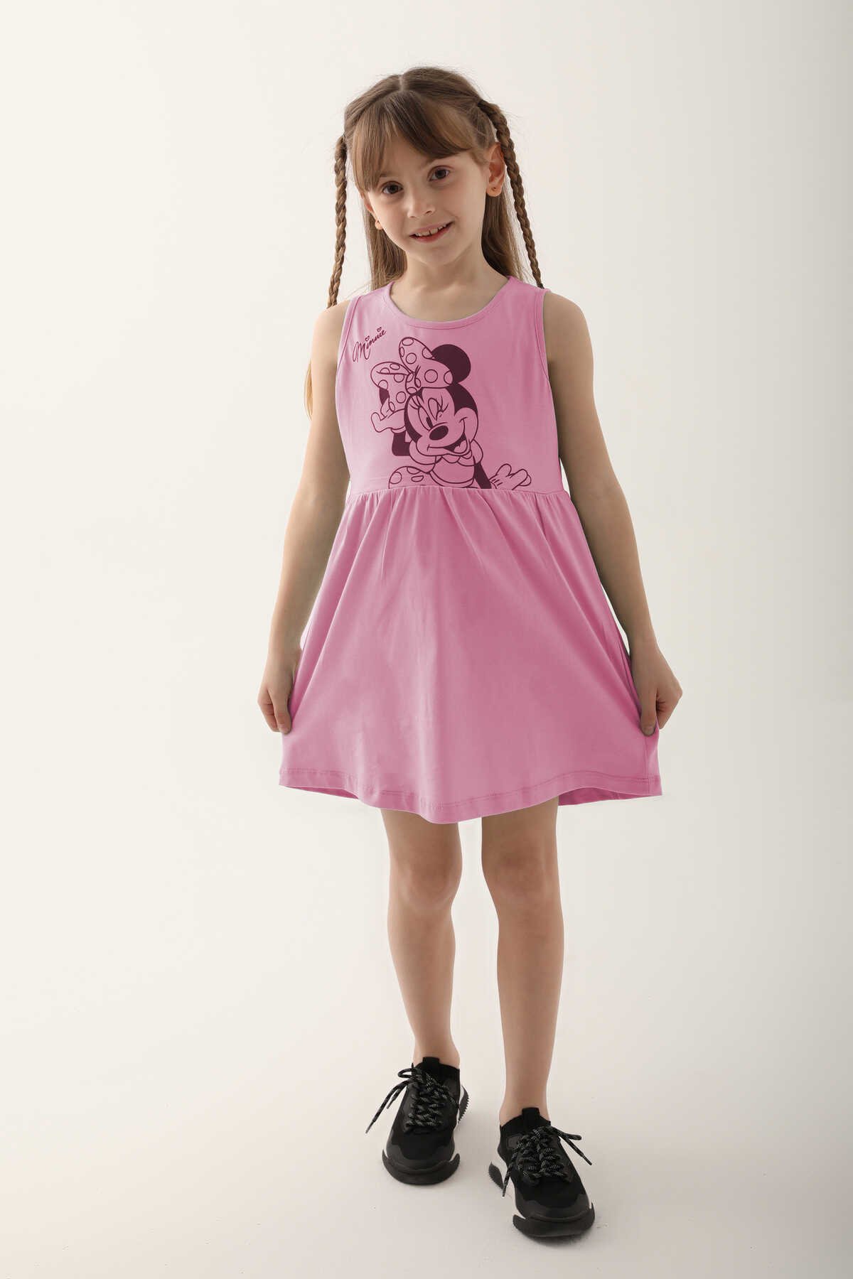 Minnie Mouse - Minnie Mouse D4860-3 Kız Çocuk Elbise Şeker Pembe