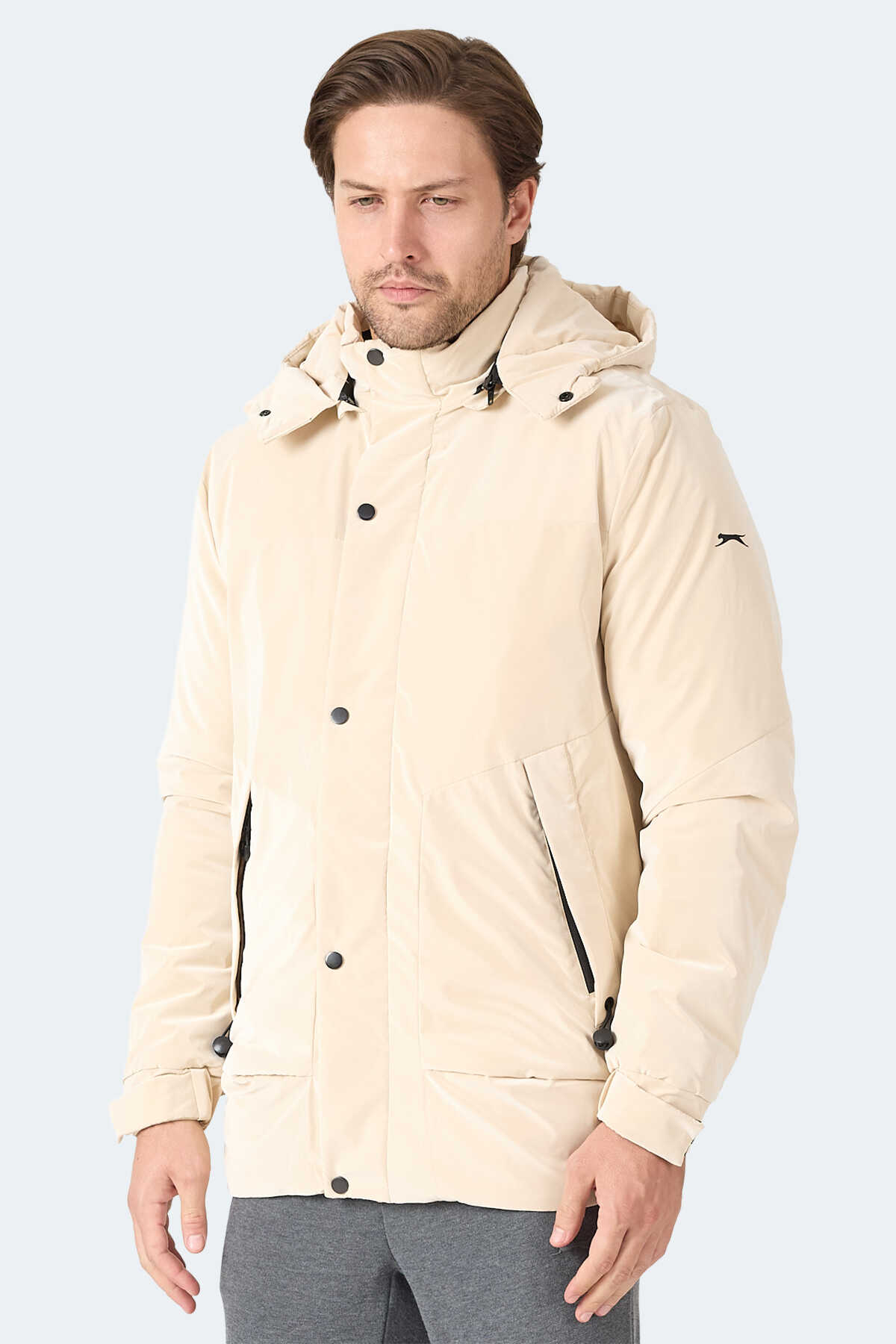 Slazenger - Slazenger GRIM Erkek Çıkarılabilir Kapişonlu Bej Mont & Kaban