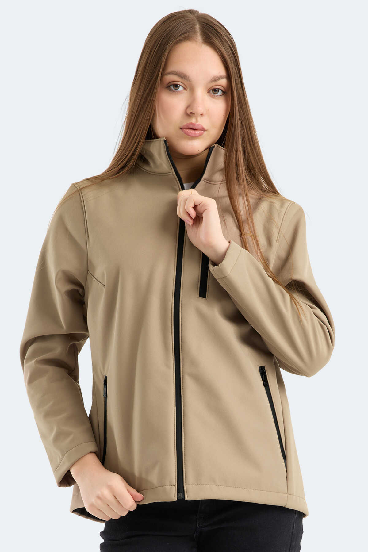 Slazenger - Slazenger HIP STYLE Kadın Dik Yaka Fermuarlı Bej Mont & Kaban