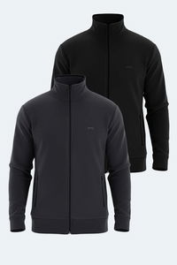 Slazenger - Slazenger KADMOS 2 li set Erkek Fermuarlı Dik Yaka Cepli Siyah - Koyu Gri Sweatshirt