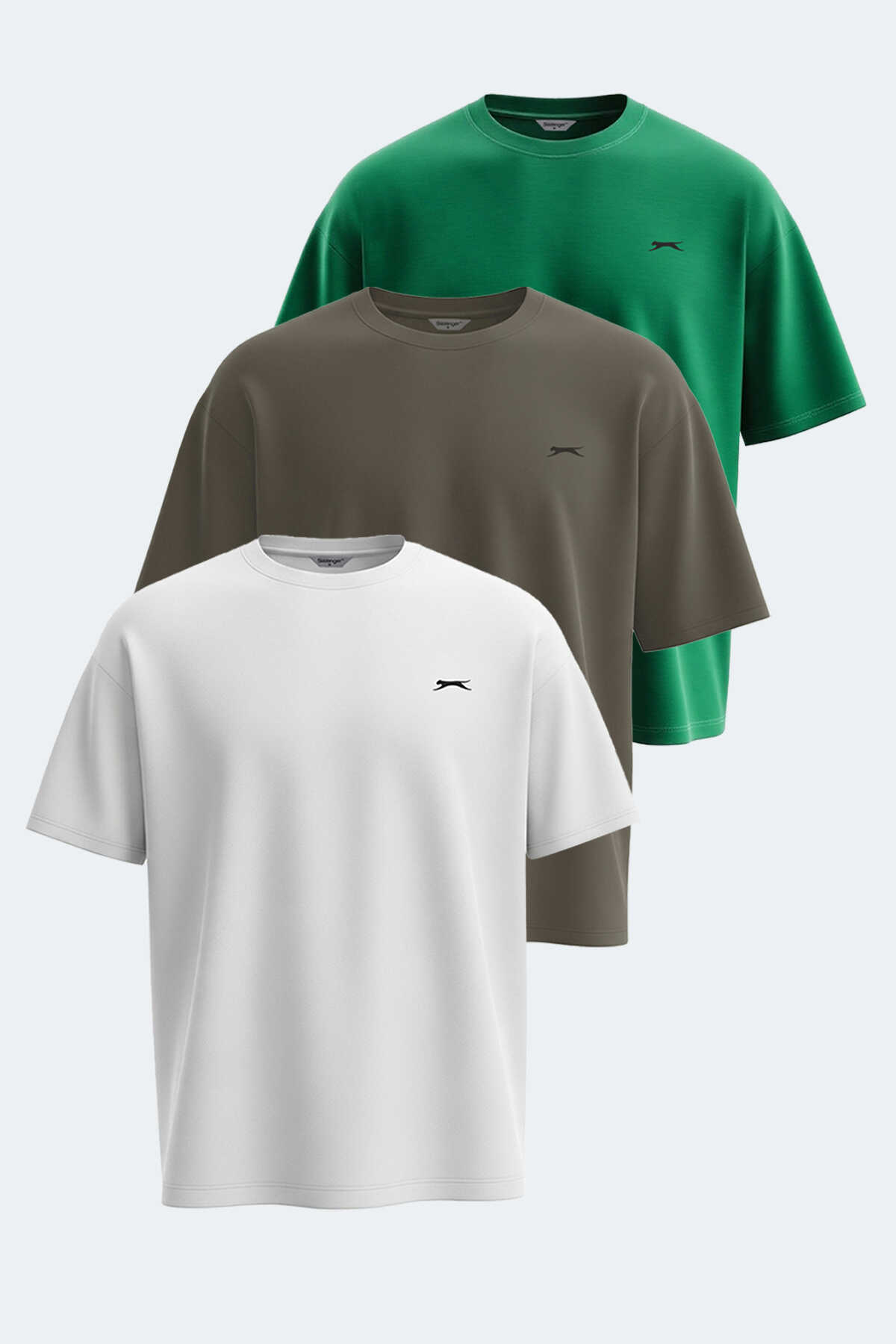 Slazenger - Slazenger KAISER 3 lü Set Erkek Oversıze Beyaz - Haki - Yeşil Tişört