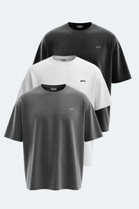 Slazenger - Slazenger KAISER 3 lü Set Erkek Oversıze Beyaz - Siyah - Antrasit Tişört