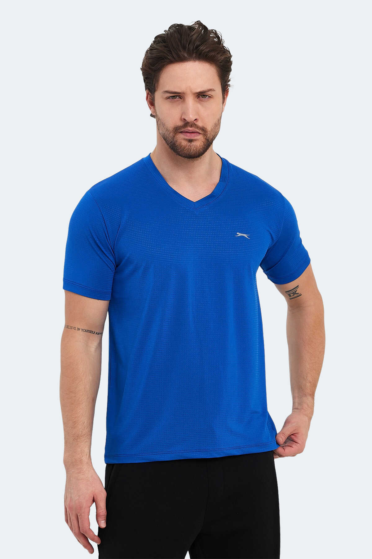 Slazenger - Slazenger KATRIINA Erkek V Yaka Saks Mavi Tişört