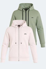 Slazenger - Slazenger KATYA 2 li set Kadın Fermuarlı Kapüşonlu Cepli Ekru - Yeşil Sweatshırt