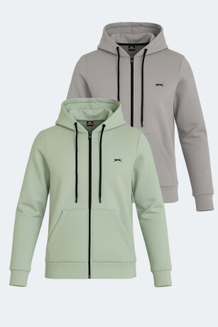 Slazenger KATYA 2 li set Kadın Fermuarlı Kapüşonlu Cepli Gri - Yeşil Sweatshırt 