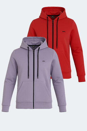 Slazenger KATYA 2 li set Kadın Fermuarlı Kapüşonlu Cepli Kırmızı - Lila Sweatshırt 