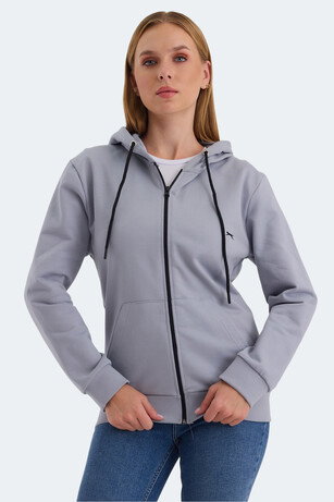Slazenger KATYA Kadın Fermuarlı Kapüşonlu Cepli Gri Sweatshırt