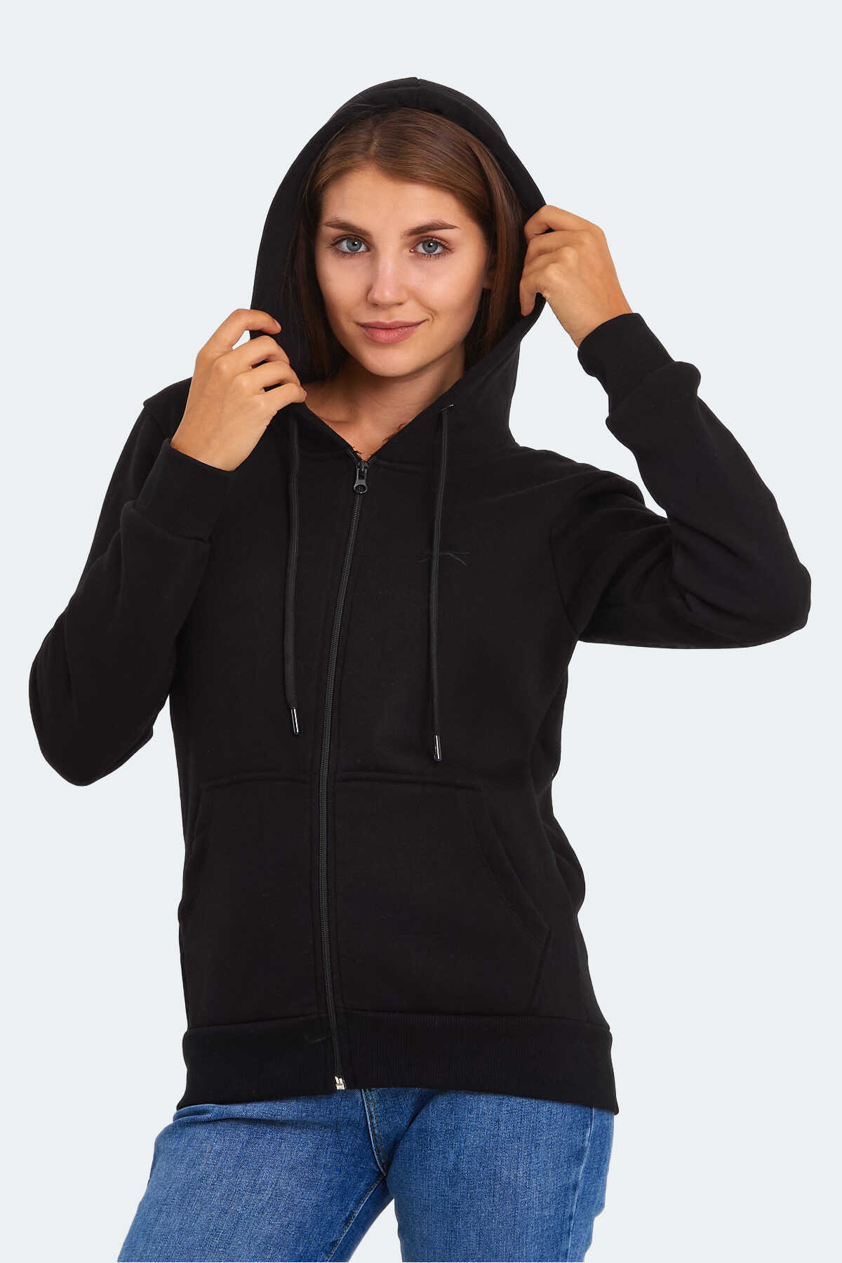 Slazenger - Slazenger KATYA Kadın Fermuarlı Kapüşonlu Cepli Siyah Sweatshırt