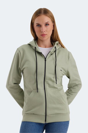 Slazenger KATYA Kadın Fermuarlı Kapüşonlu Cepli Yeşil Sweatshırt