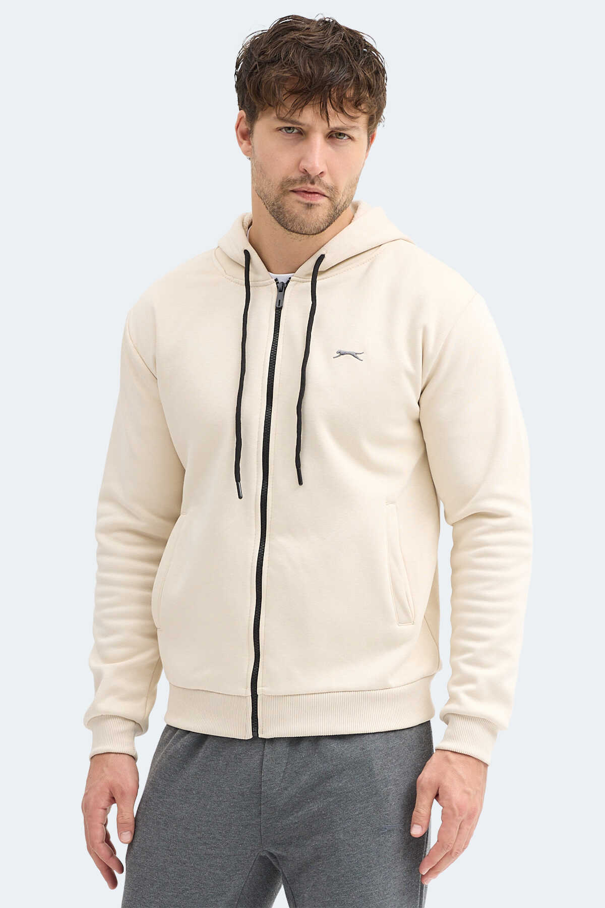 Slazenger - Slazenger KOZZAX IN Erkek Fermuarlı Kapüşonlu Cepli Bej Sweatshırt