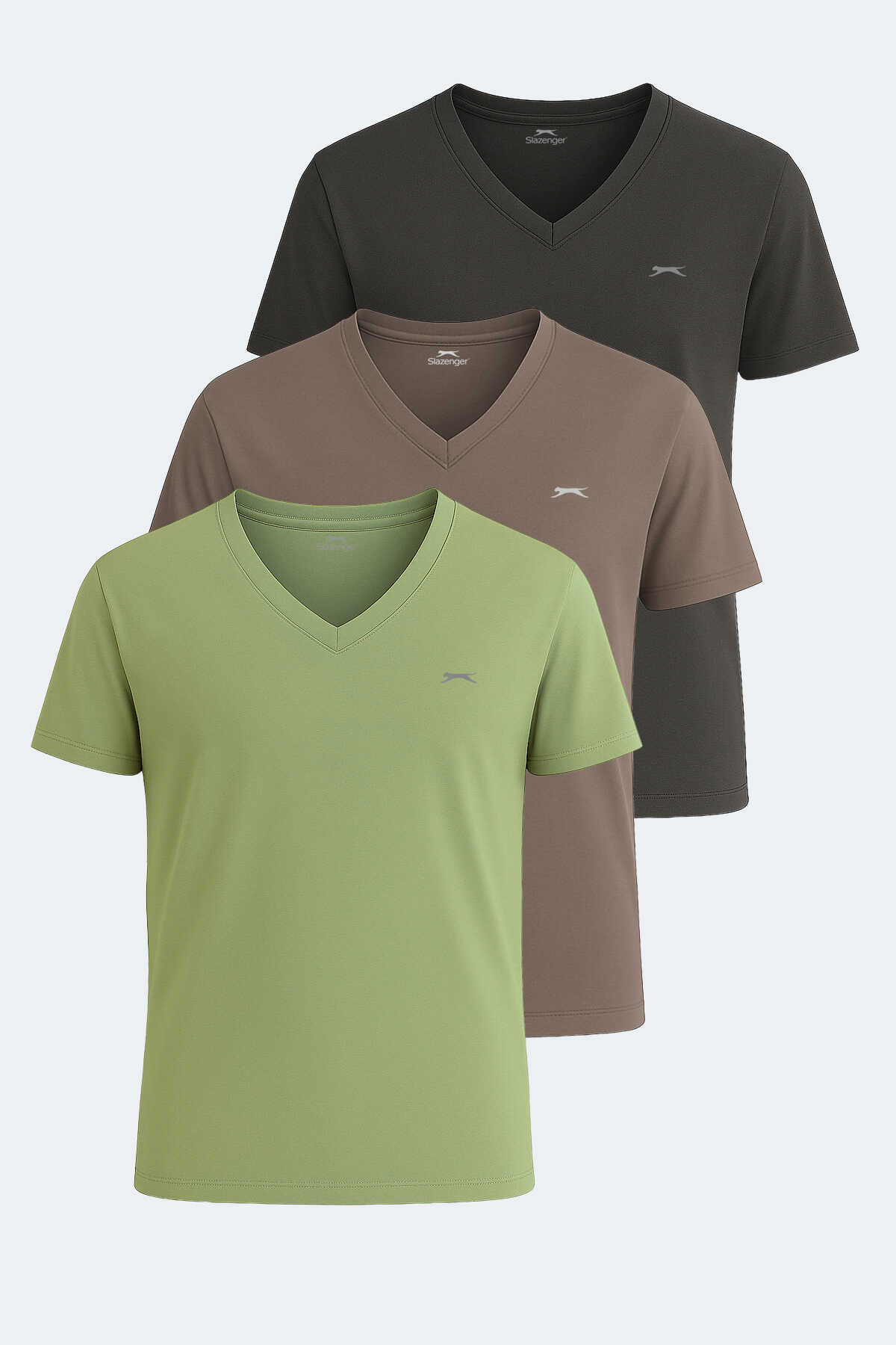 Slazenger - KRAKKER 3lü Set Erkek Tişört Koyu Gri - Açık Yeşil - Kahve