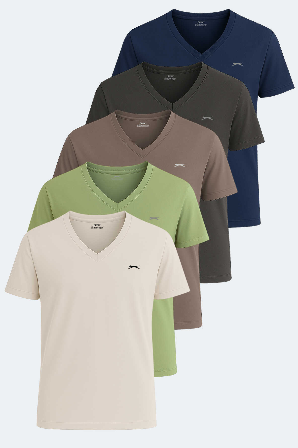 Slazenger - KRAKKER 5li Set Erkek Tişört Koyu Gri - Açık Yeşil - Kahve - Bej - Lacivert