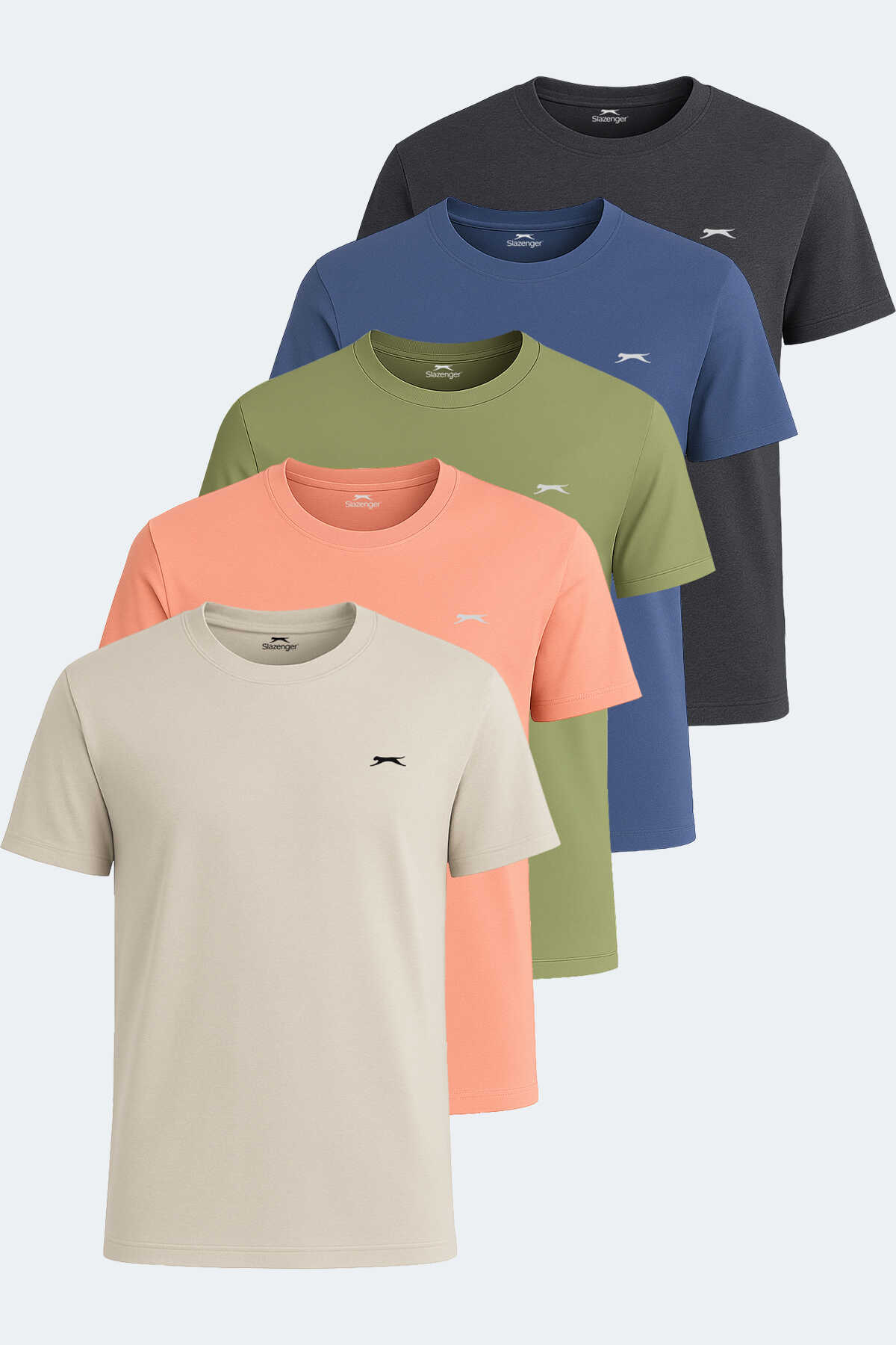 Slazenger - KRATER 5li Set Erkek Tişört Somon - Koyu Gri - Indigo - Bej - Açık Yeşil