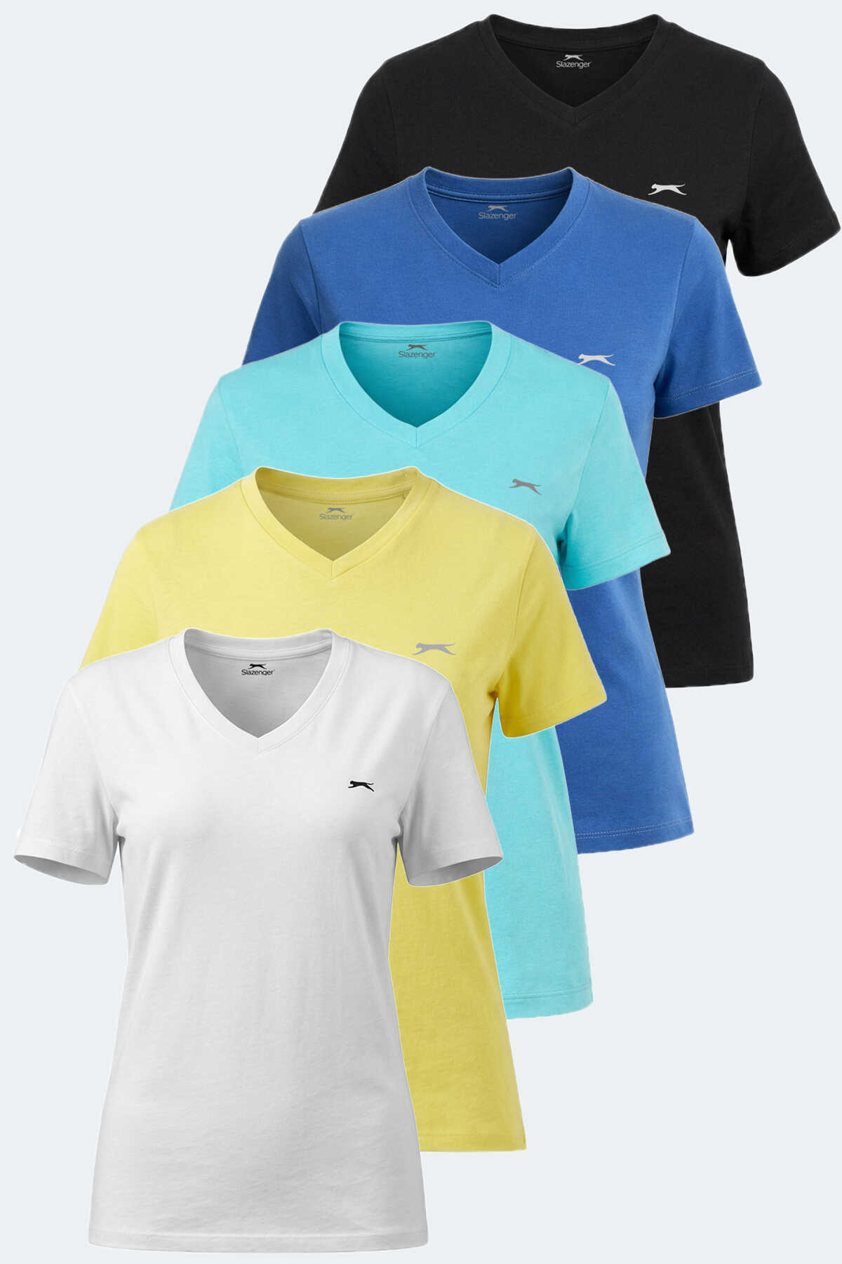 Slazenger - Slazenger KRISTEN 5 Lİ SET Kadın V Yaka Beyaz - Siyah - Sarı - Açık Yeşil - İndigo Tişört