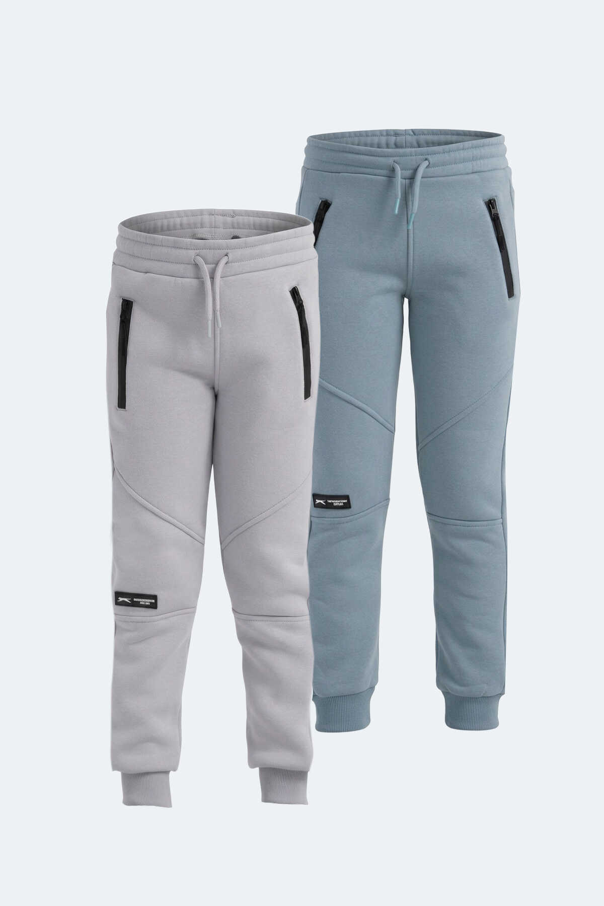 Slazenger - Slazenger LAMYA 2 li Set Erkek Çocuk Fermuar Cepli Taş Gri - Mavi Eşofman Altı