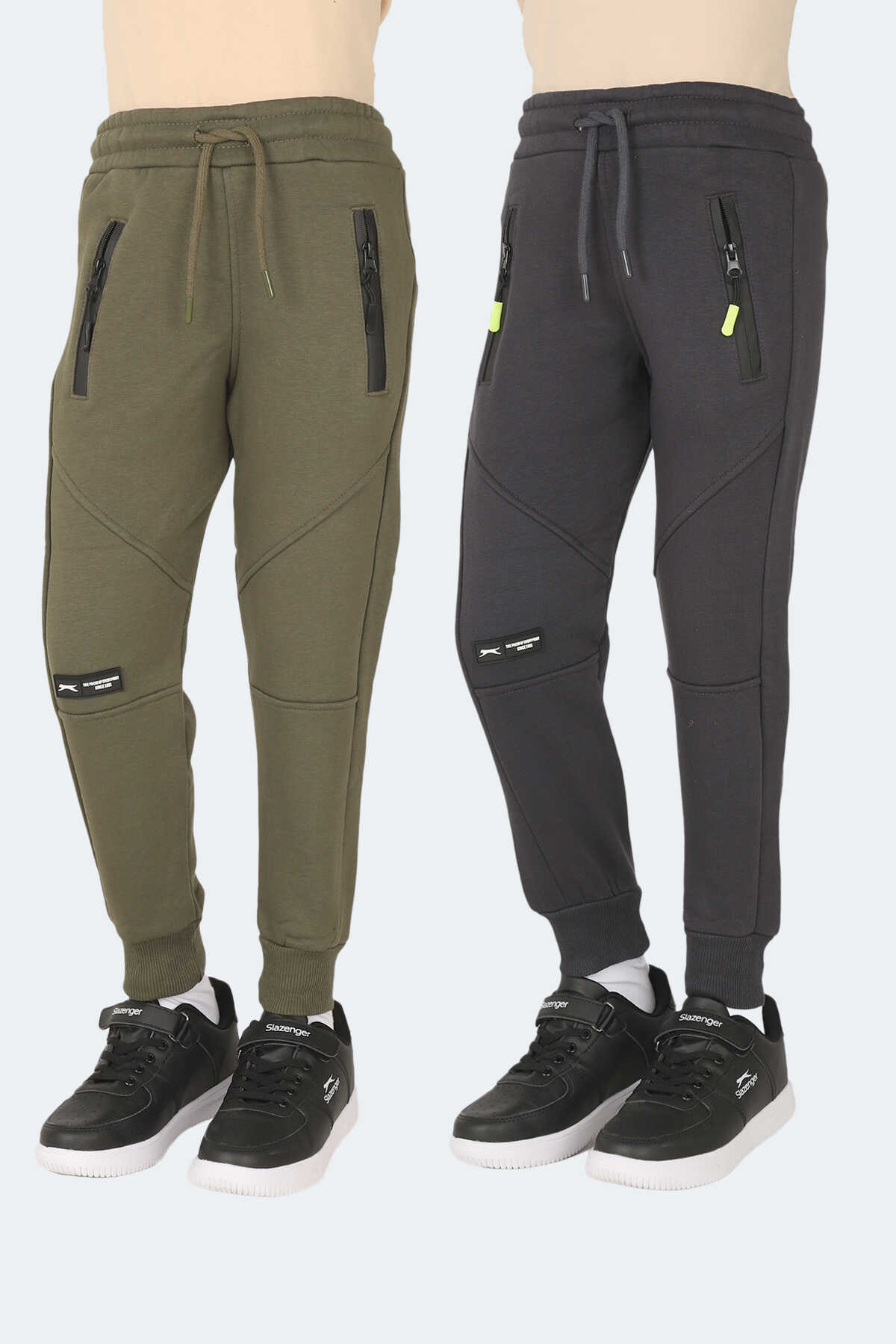 Slazenger - Slazenger LAMYA 2 li Set Unisex Çocuk Fermuar Cepli Haki - Koyu Gri Eşofman Altı