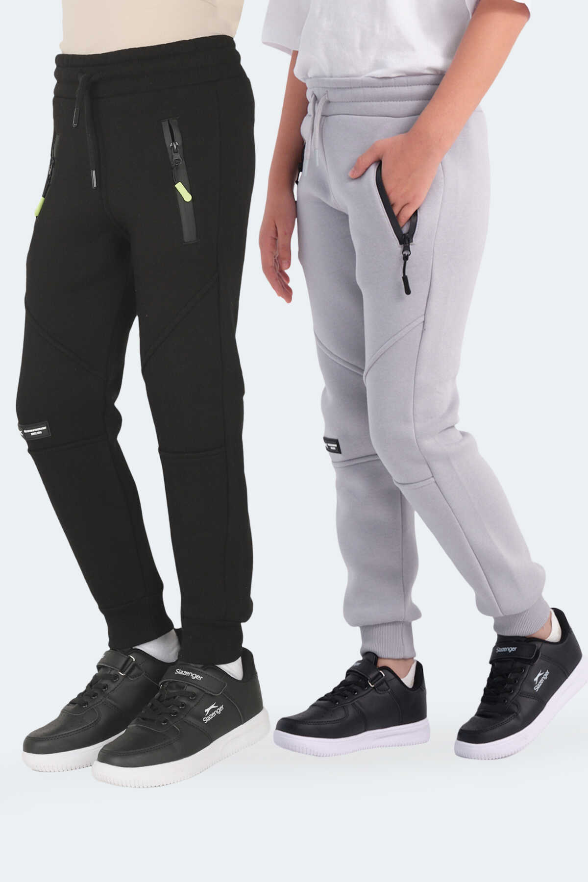 Slazenger - Slazenger LAMYA 2 li Set Unisex Çocuk Fermuar Cepli Siyah -Taş Gri Eşofman Altı