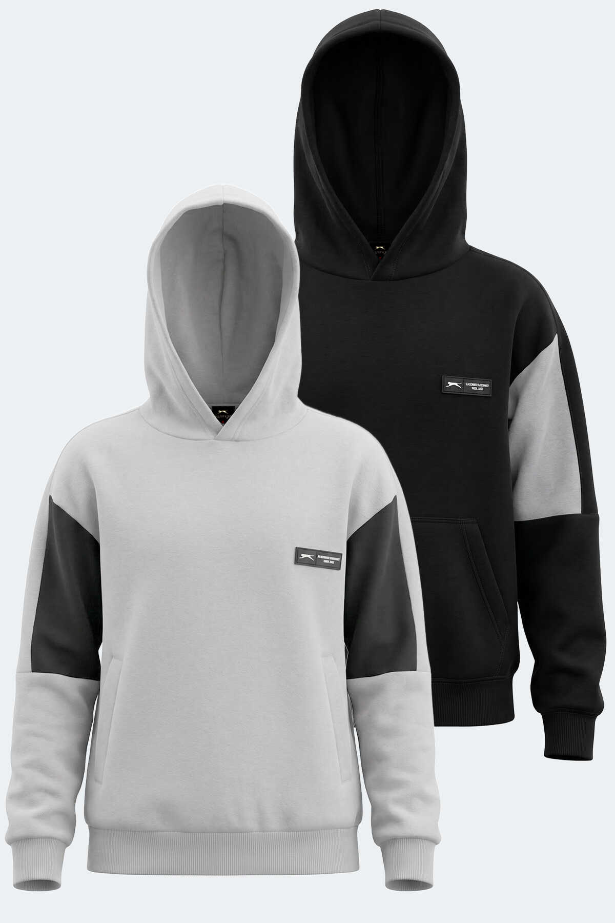 Slazenger - Slazenger LAYNE 2 Lİ SET Erkek Çocuk Kapüşonlu Cepli Siyah/Gri - Gri/Siyah Sweatshırt