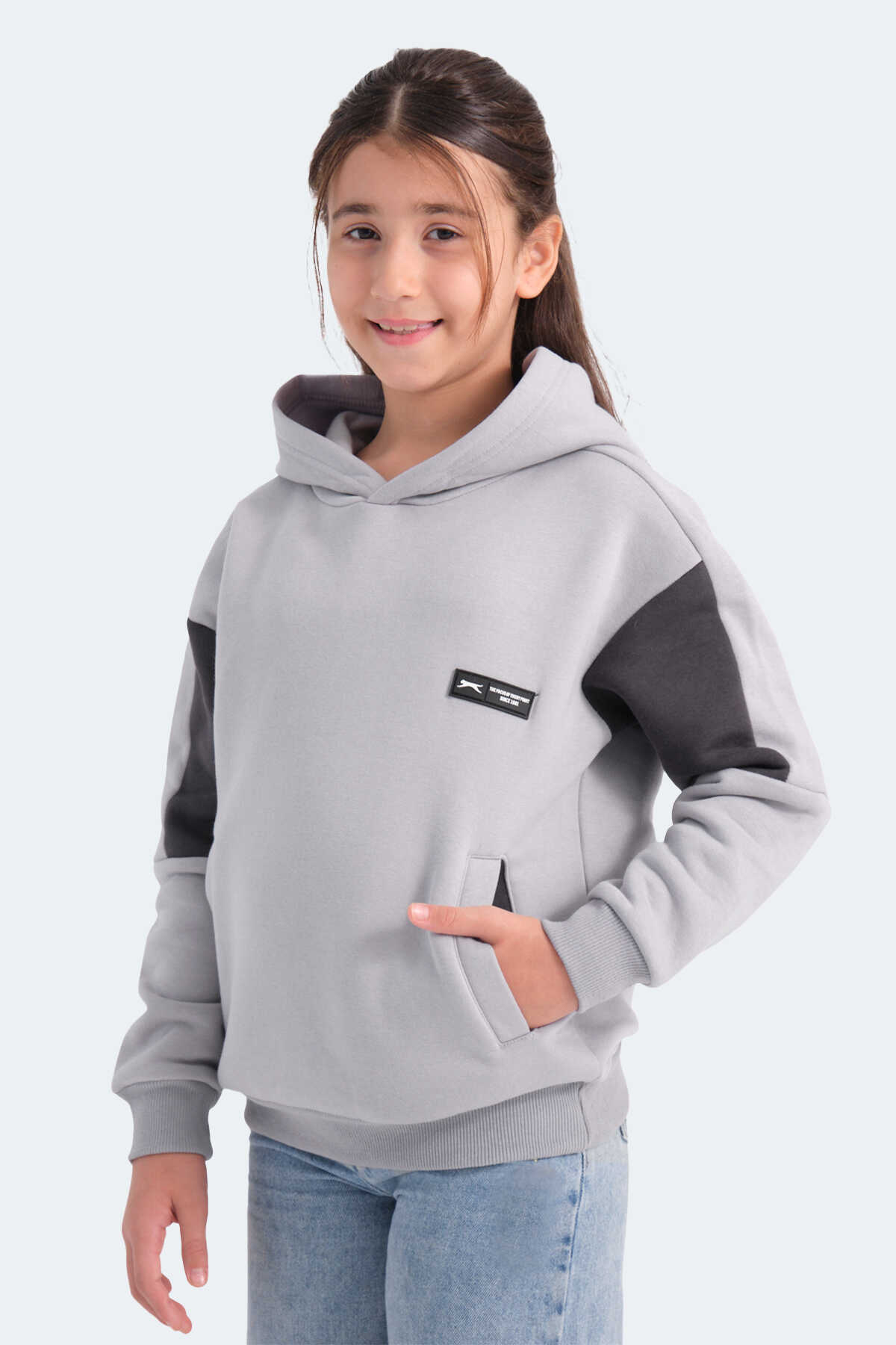 Slazenger - Slazenger LAYNE Unisex Çocuk Kapüşonlu Cepli Gri / Siyah Sweatshırt