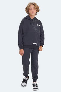 Slazenger - Slazenger LISEY IN Unisex Çocuk Kanguru Cepli Kapüşonlu Koyu Gri Eşofman Takımı