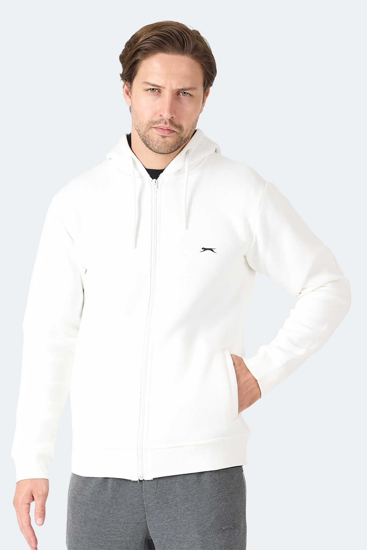 Slazenger - Slazenger MAJESTIC I Erkek Fermuarlı Kapüşonlu Cepli Ekru Sweatshirt