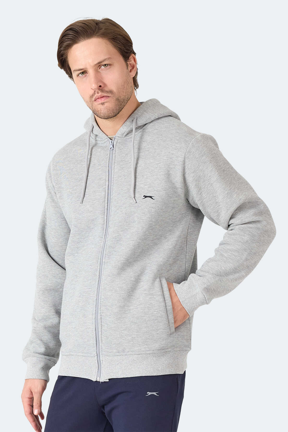 Slazenger - Slazenger MAJESTIC I Erkek Fermuarlı Kapüşonlu Cepli Gri / Beyaz Sweatshirt