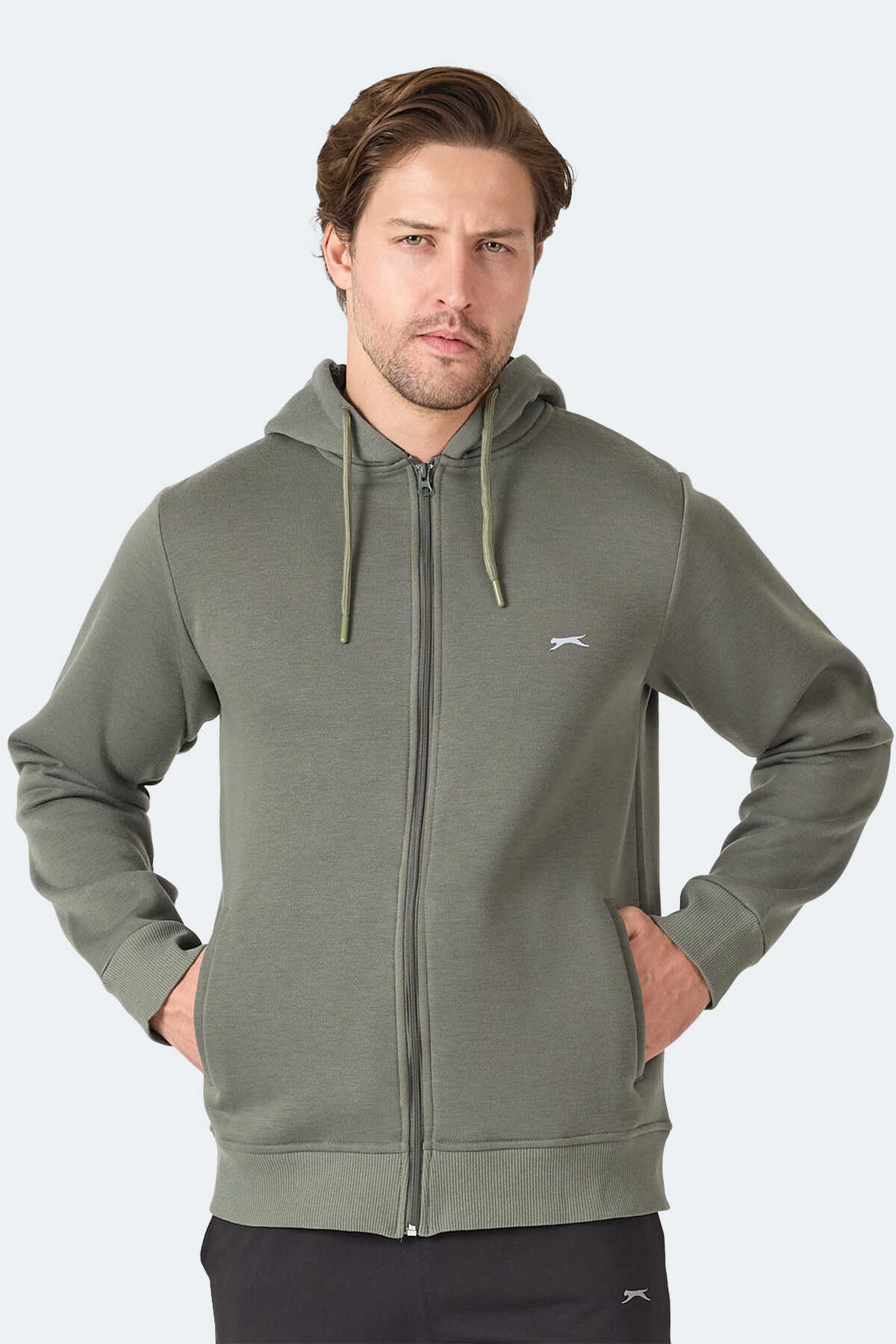 Slazenger - Slazenger MAJESTIC I Erkek Fermuarlı Kapüşonlu Cepli Haki Sweatshirt