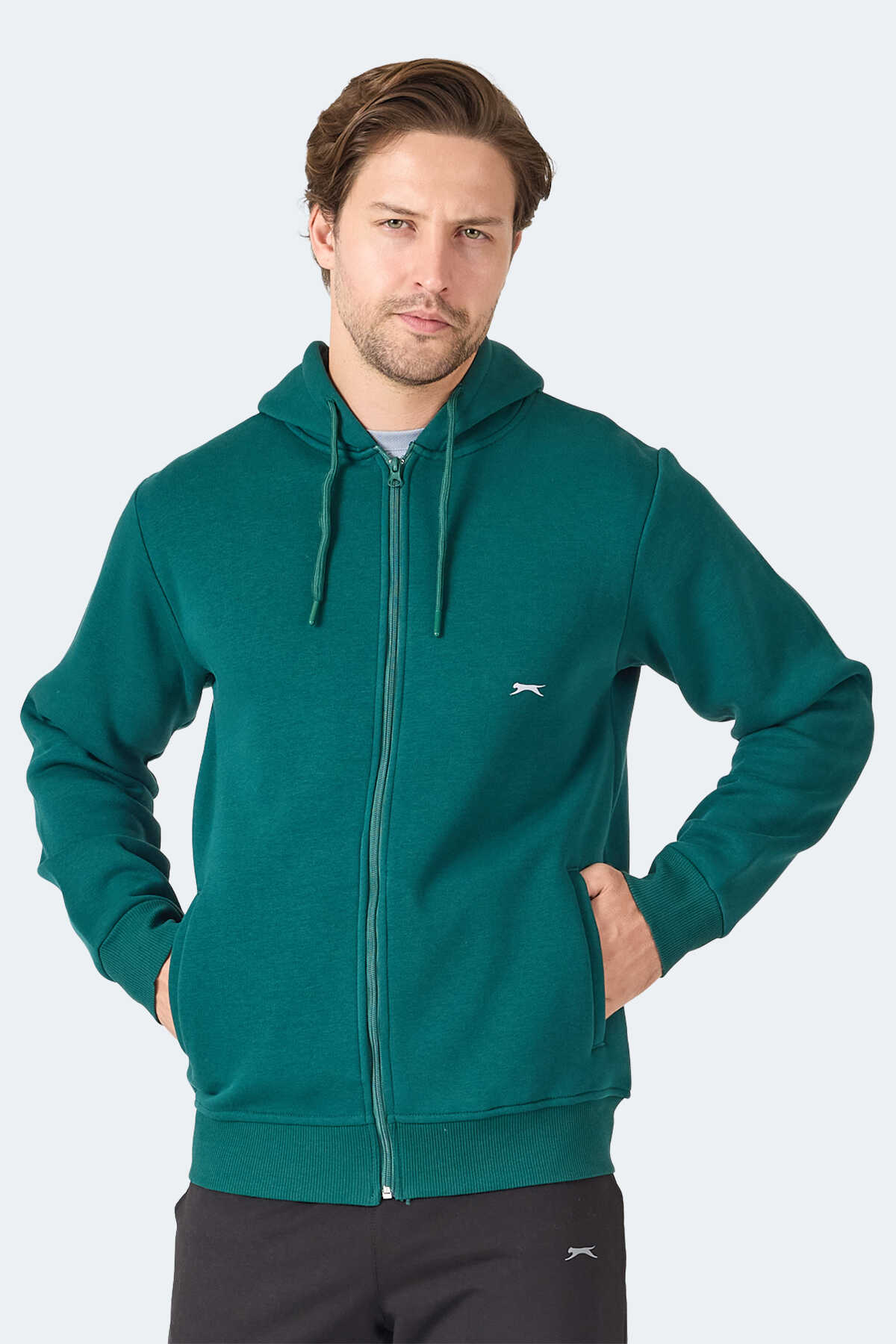 Slazenger - Slazenger MAJESTIC I Erkek Fermuarlı Kapüşonlu Cepli Koyu Yeşil Sweatshirt