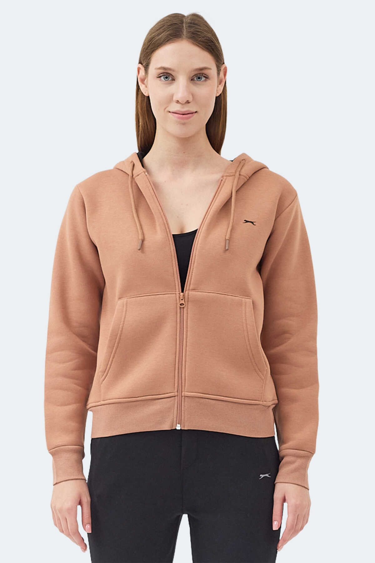 Slazenger - Slazenger MILIO I Kadın Fermuarlı Kapüşonlu Cepli Camel Sweatshirt