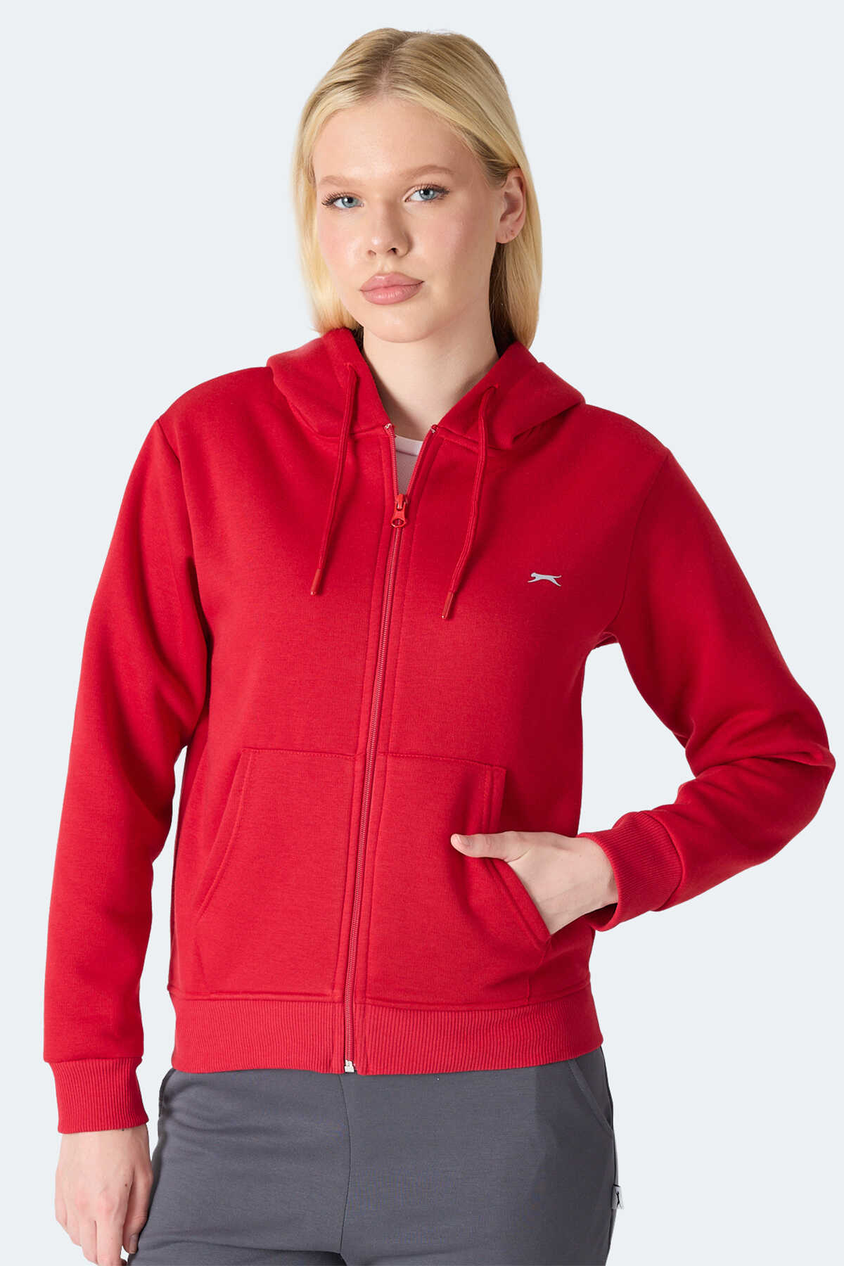 Slazenger - Slazenger MILIO I Kadın Fermuarlı Kapüşonlu Cepli Kırmızı Sweatshirt