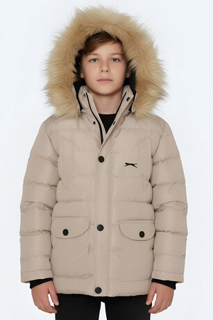 Slazenger NAPOLI Unisex Çocuk Kapüşonlu Şişme Taş Gri Mont & Kaban 
