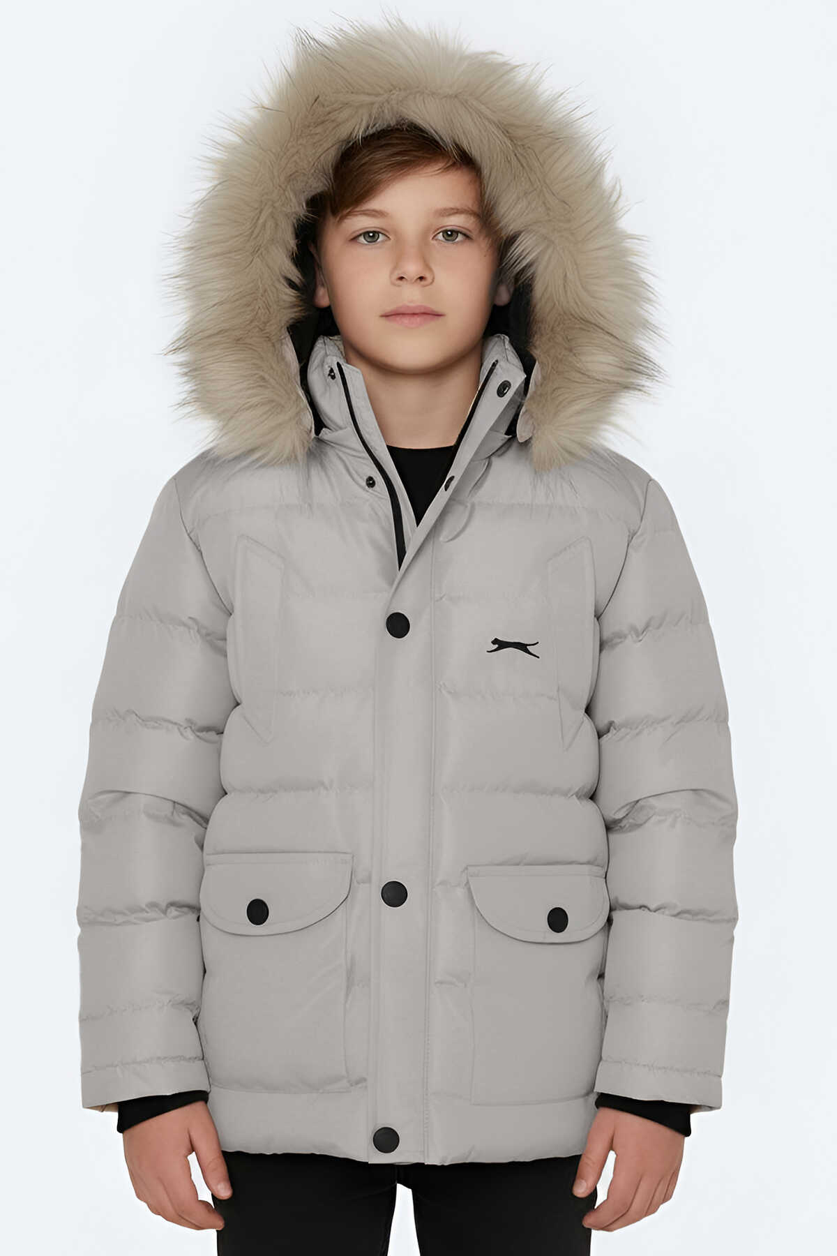 Slazenger - Slazenger NAPOLI Unisex Çocuk Kapüşonlu Şişme Gri Mont & Kaban