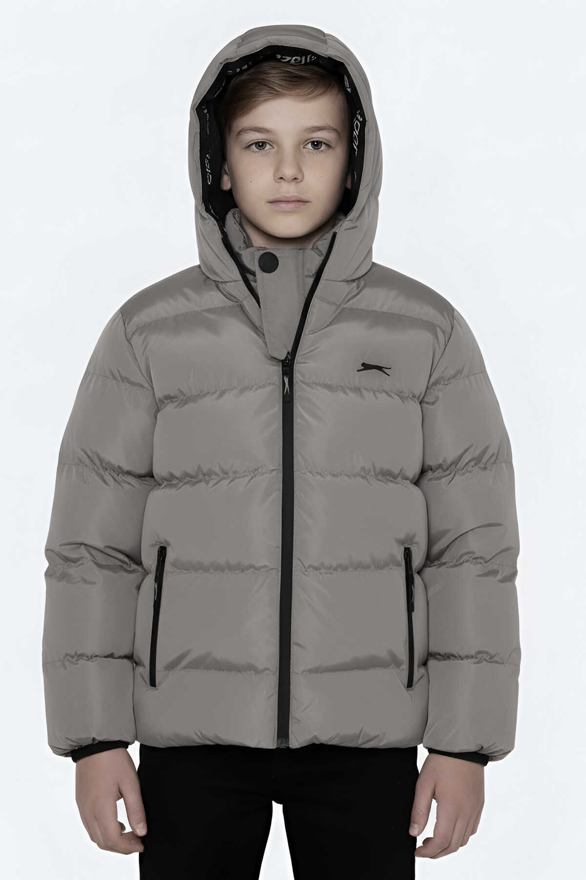 Slazenger - Slazenger NEONS Unisex Çocuk Kapüşonlu Şişme Taş Gri Mont & Kaban