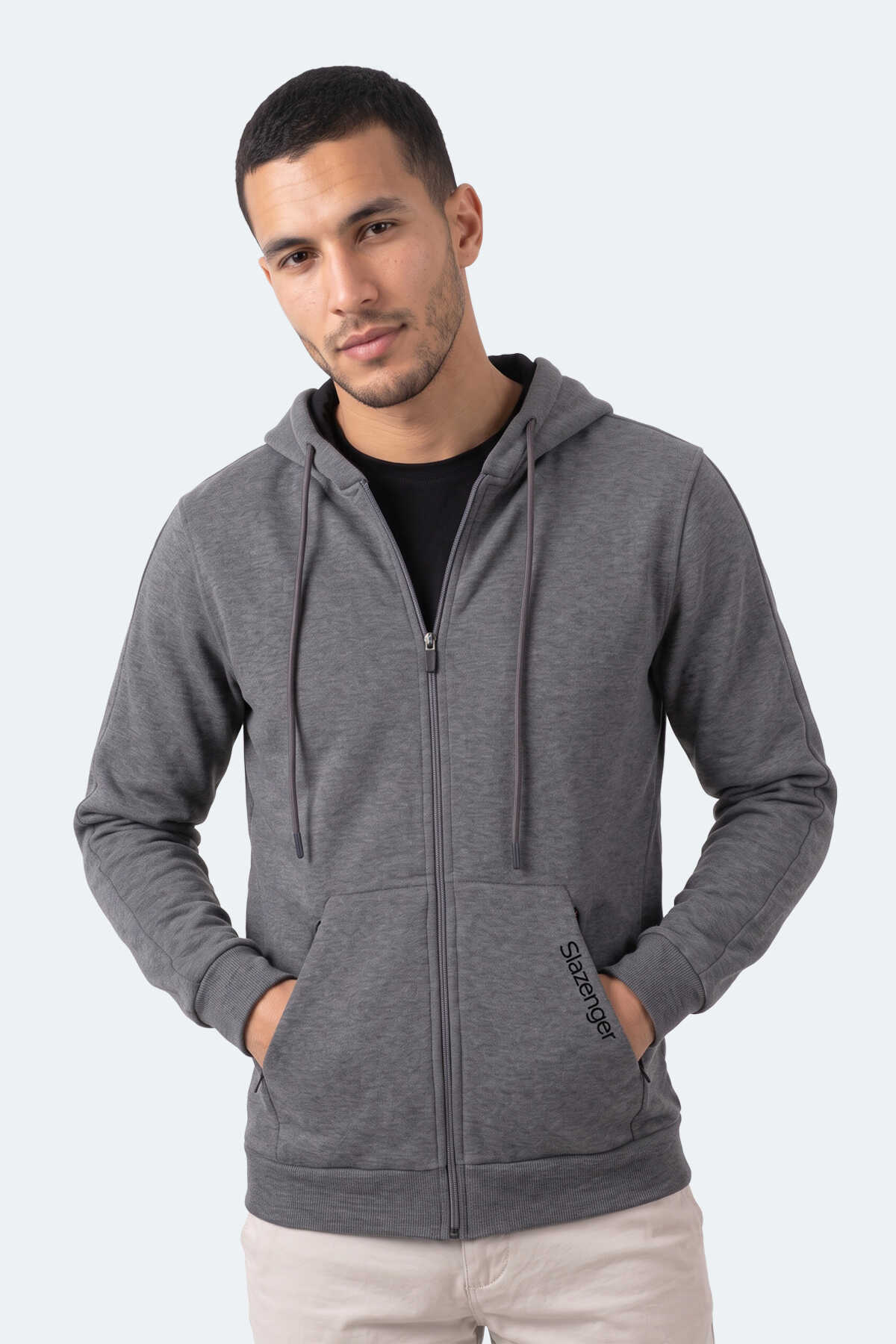 Slazenger NONSTOP I Erkek Kapüşonlu Fermuarlı Koyu Gri Sweatshırt (1)
