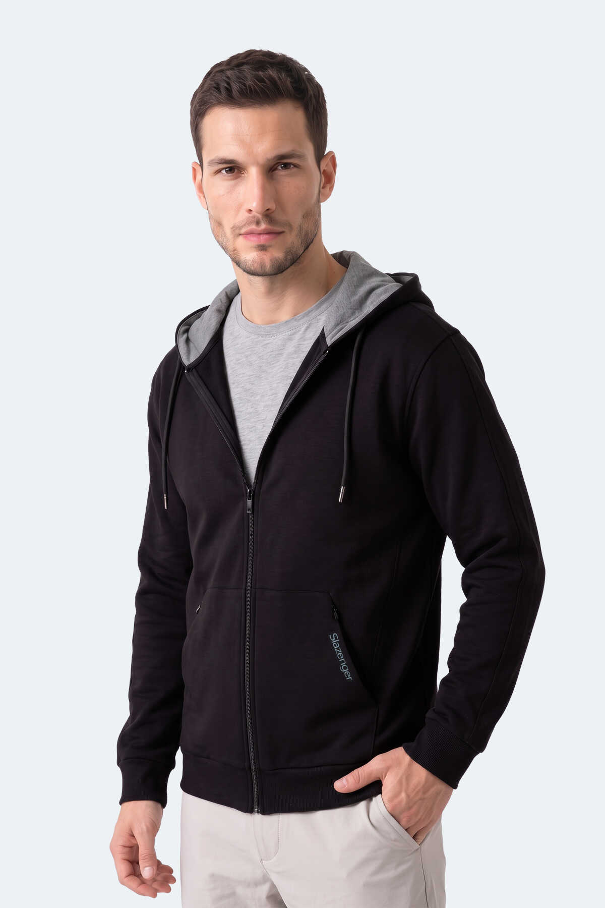 Slazenger NONSTOP I Erkek Kapüşonlu Fermuarlı Siyah Sweatshırt (1)