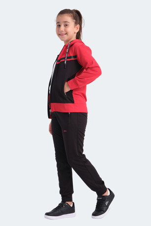 Slazenger NOON Unisex Çocuk Fermuarlı Kapüşonlu Cepli Siyah / Kırmızı Eşofman Takımı 