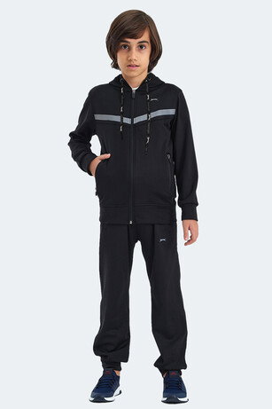 Slazenger NOON Unisex Çocuk Fermuarlı Kapüşonlu Cepli Siyah / Siyah Eşofman Takımı 
