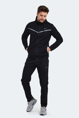 Slazenger ORKA IN Erkek Fermuarlı Kapüşonlu Cepli Siyah Eşofman Takımı 