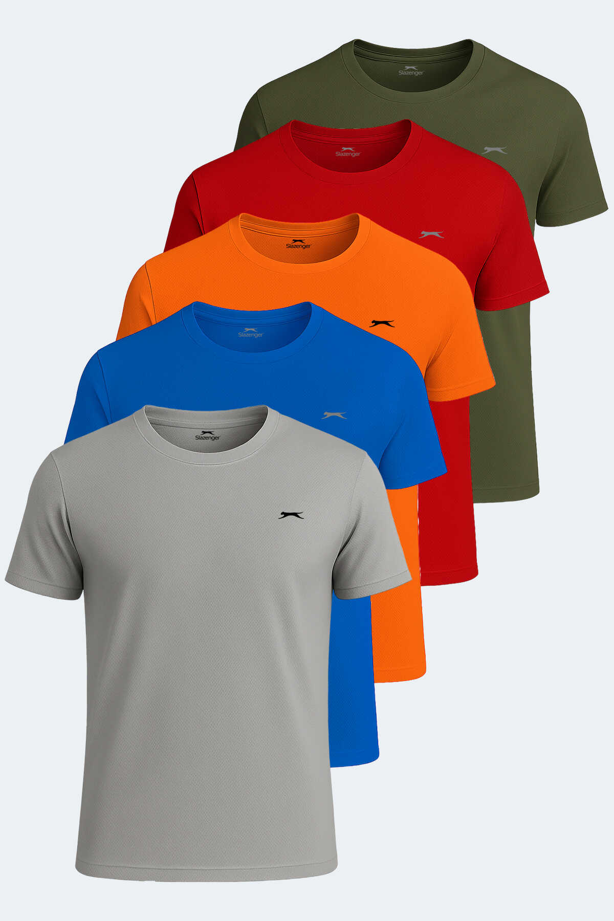 Slazenger - OSWIN 5li Set Erkek Tişört Gri - Haki - Kırmızı - Saks Mavi - Turuncu