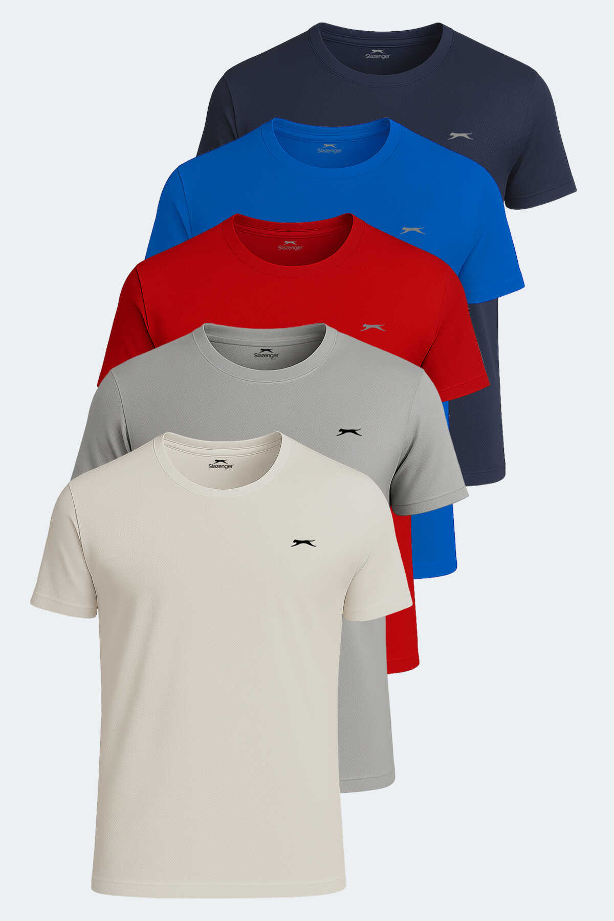Slazenger - OSWIN 5li Set Erkek Tişört Lacivert - Bej - Kırmızı - Gri - Saks Mavi