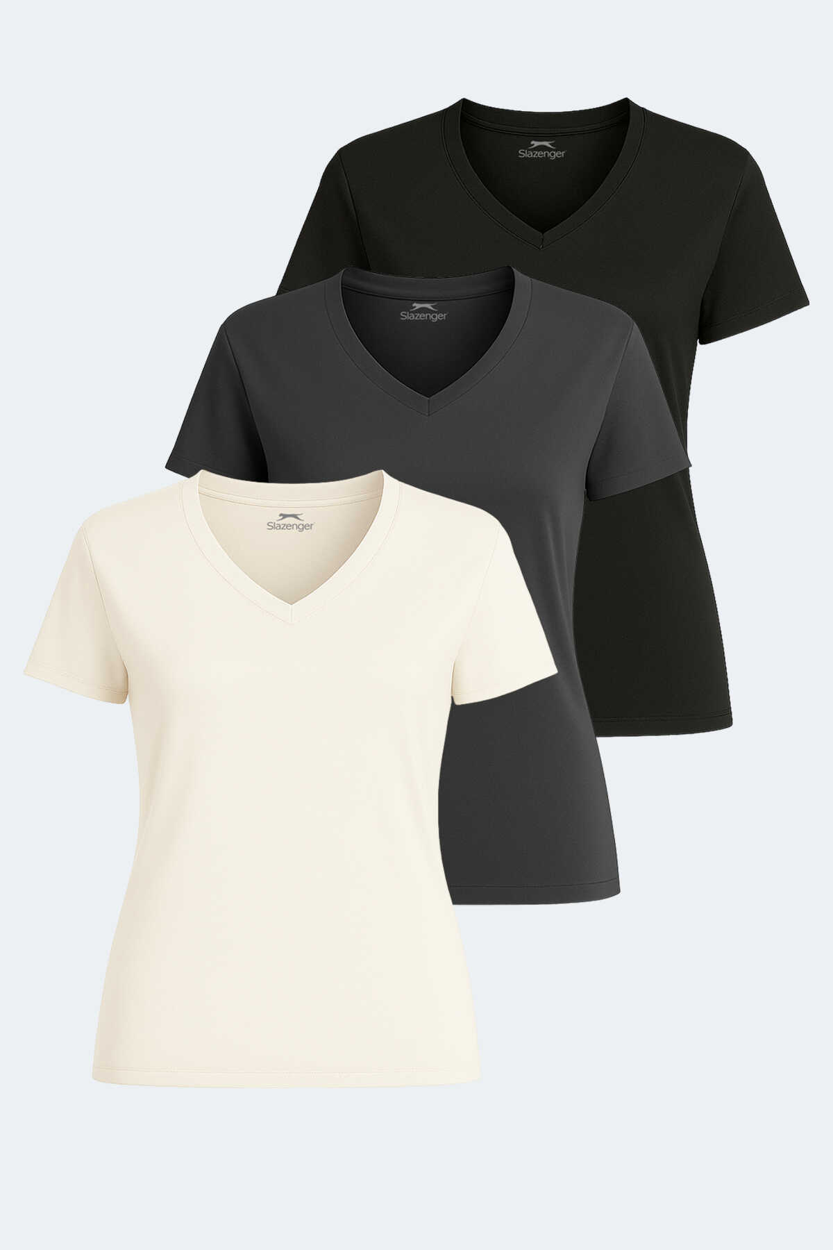Slazenger - PERICAS 3lü Set Kadın Tişört Ekru - Koyu Gri - Siyah