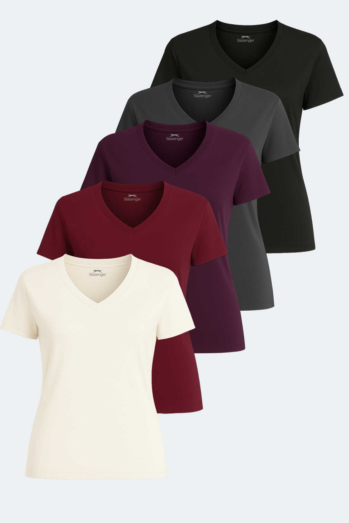 Slazenger - PERICAS 5li Set Kadın Tişört Ekru - Koyu Gri - Siyah - Mürdüm - Bordo