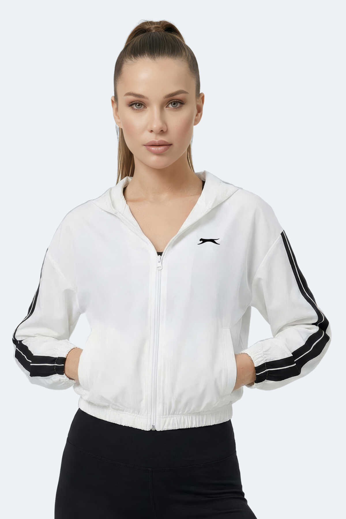 Slazenger - Slazenger RAZZLE Kadın Fermuarlı Kapüşonlu Cepli Ekru Sweatshırt