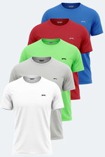Slazenger - Slazenger REPUBLIC 5 Lİ SET Erkek BEYAZ- KOYU GRİ - KIRMIZI - SAKS MAVİ - NEON YEŞİL Tişört