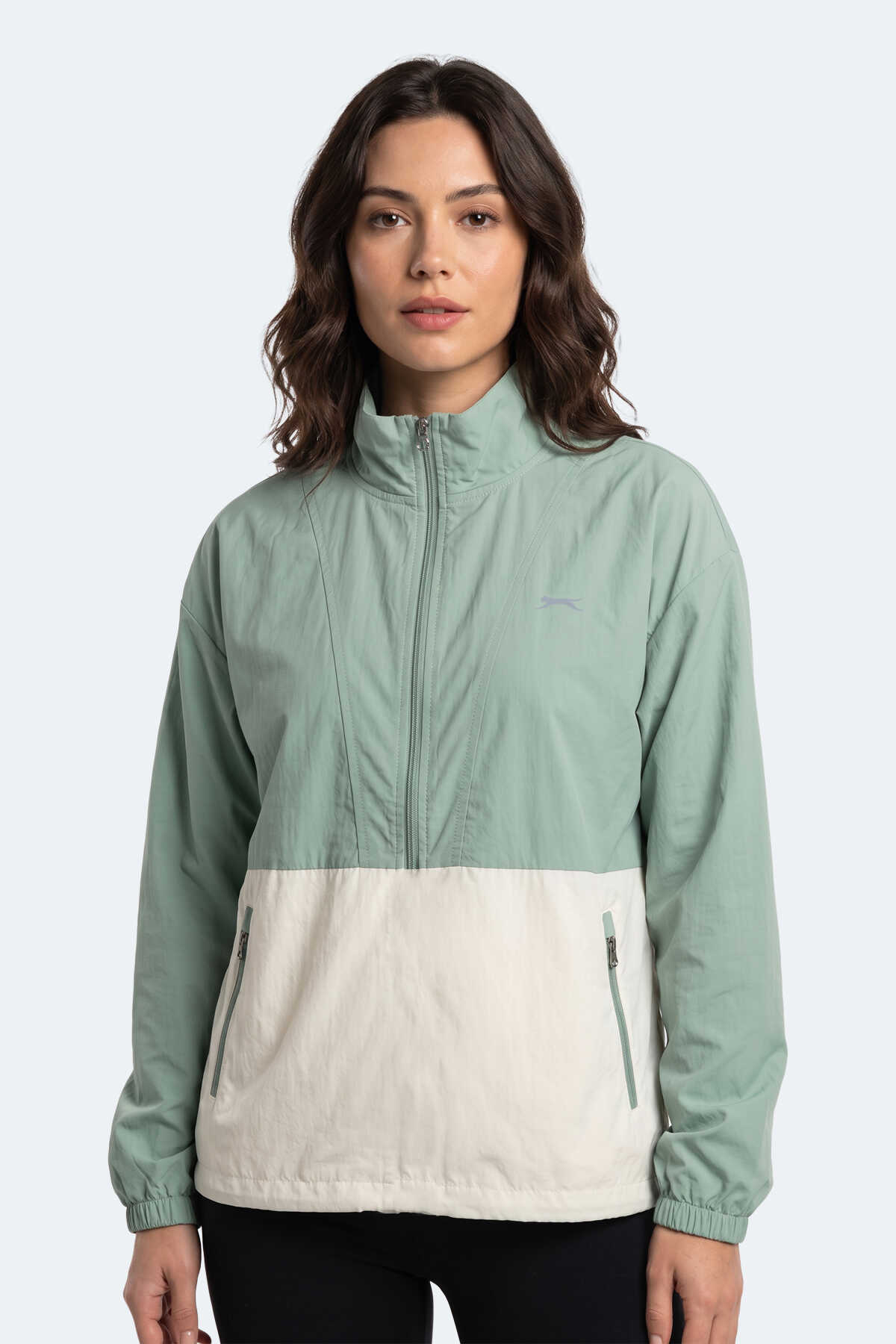 Slazenger - Slazenger RESTORED Kadın Dik Yaka Fermuarlı Oversıze Su Yeşili Rüzgarlık