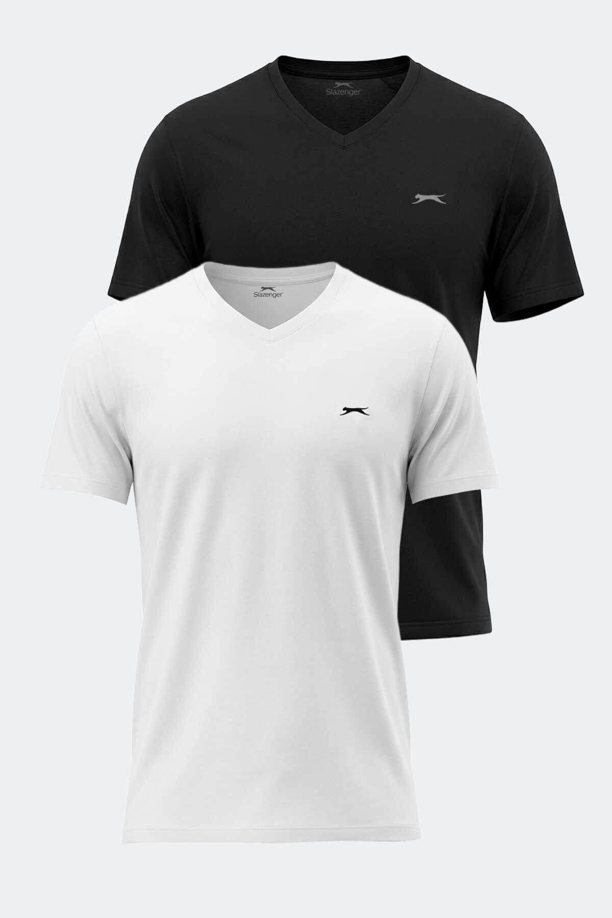 Slazenger - Slazenger RIVALDO 2 Lİ SET Erkek V Yaka Beyaz - Siyah Tişört
