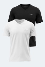 Slazenger - Slazenger RIVALDO 2 Lİ SET Erkek V Yaka Beyaz - Siyah Tişört